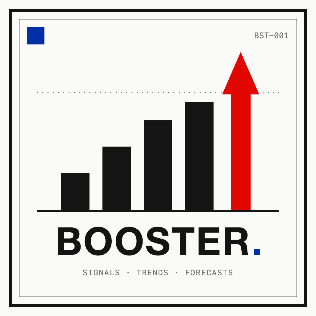 BOOSTER logo — a filed instrument plate: rising ink bars and a red arrow breaking the prior-range ceiling